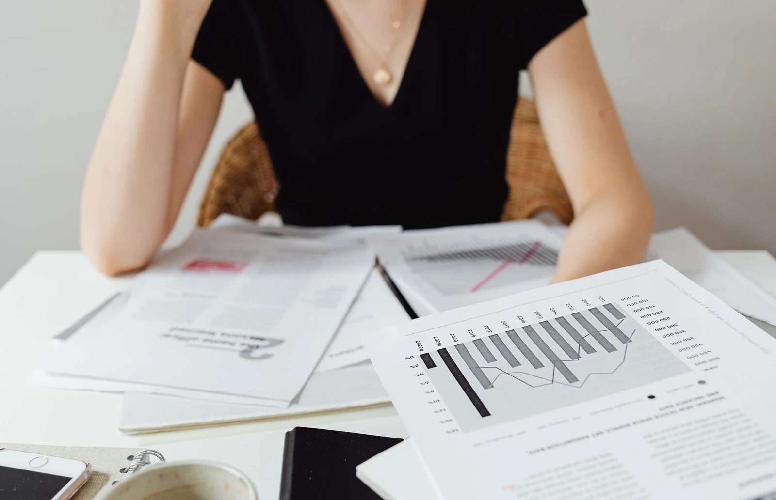 Financial reports and business analysis charts on a desk